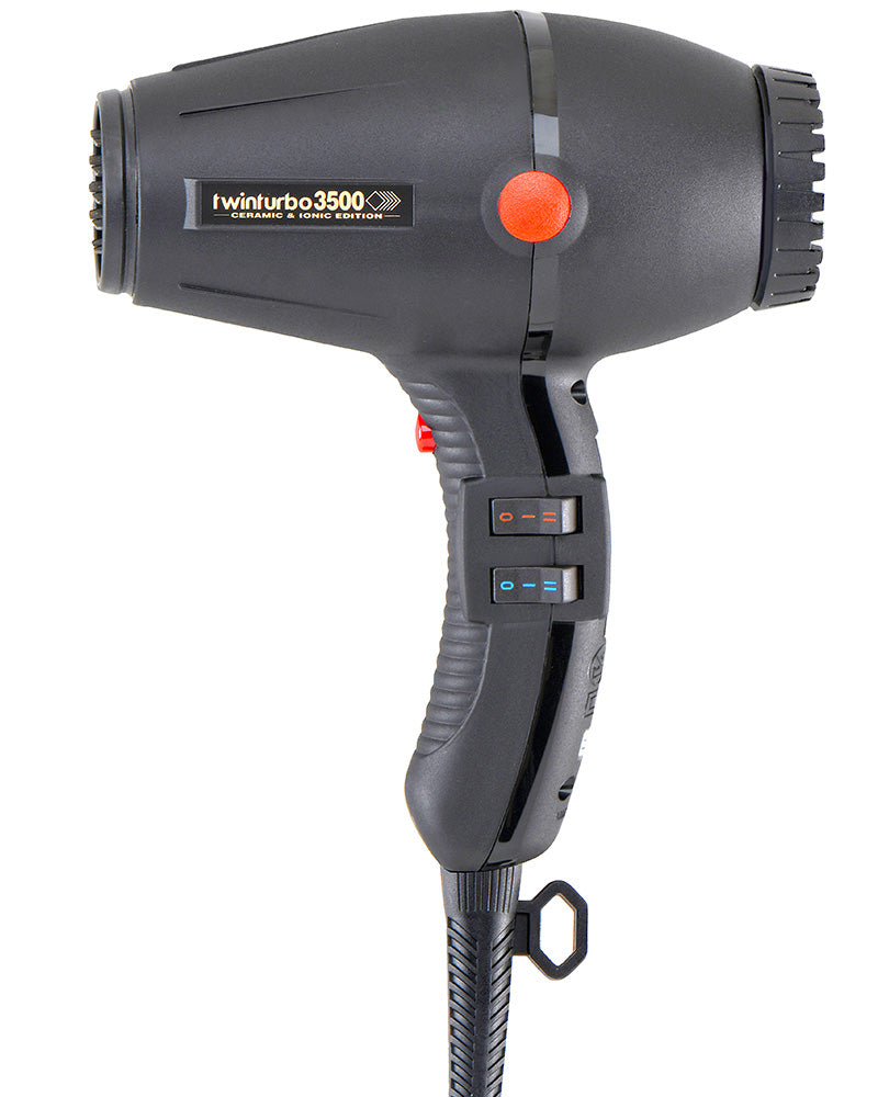 Side view of the Turbo Power Twin Turbo Ceramic and Ionic professional hair dryer. Colored in black. 